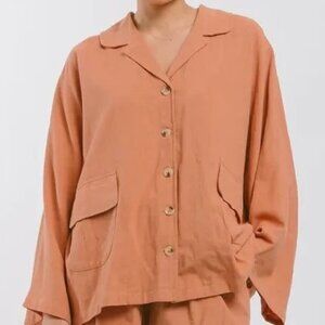 The Lullaby Club Bat Wing Dolman Sleeve Button Up Oversized Top in Clay Size XS